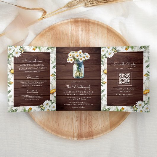 Rustic Wood Daisies Mason Jar QR Code Wedding 三つ折り招待状
