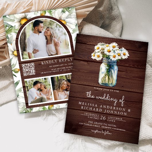 Rustic Wood Daisies Mason Jar QR Code Wedding 招待状