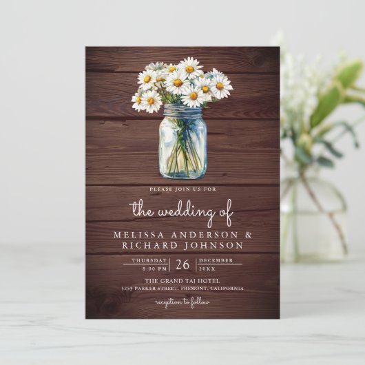 Rustic Wood Daisies Mason Jar QR Code Wedding 招待状 (スタンド正面)