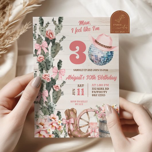 Rustic Wood disco cowgirl adult birthday 招待状