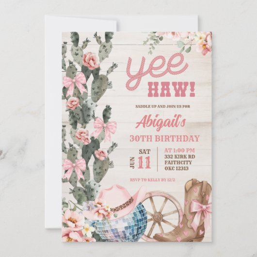 Rustic Wood Disco Cowgirl Birthday 招待状 (正面)