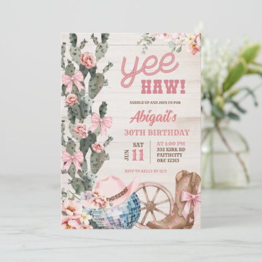 Rustic Wood Disco Cowgirl Birthday 招待状 (スタンド正面)