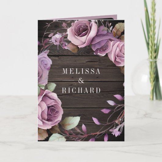 Rustic Wood Dusty Purple Floral QR Code Wedding 招待状 (正面)
