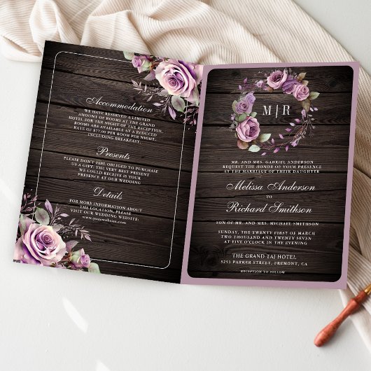 Rustic Wood Dusty Purple Floral QR Code Wedding 招待状