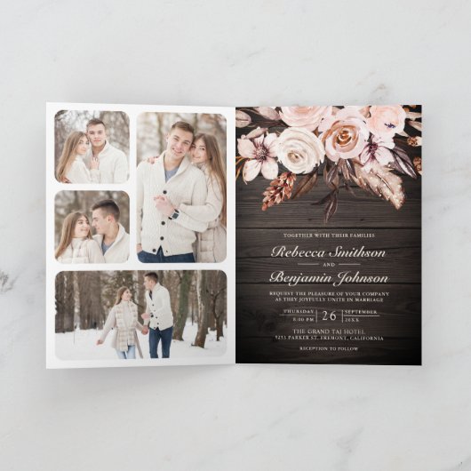 Rustic Wood Earthy Ivory Floral QR Code Wedding 招待状 (内部)