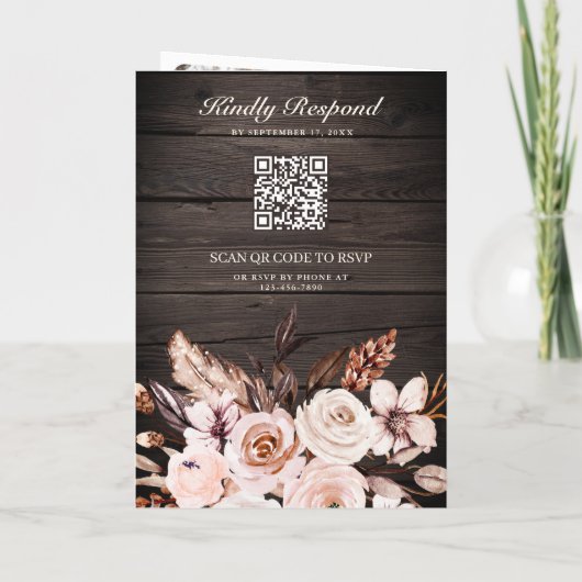 Rustic Wood Earthy Ivory Floral QR Code Wedding 招待状 (裏面)
