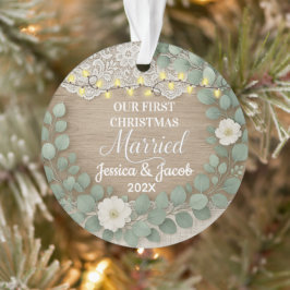 Rustic Wood & Eucalyptus First Christmas Married オーナメント