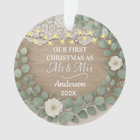 Rustic Wood & Eucalyptus Mr & Mrs Christmas オーナメント (正面)