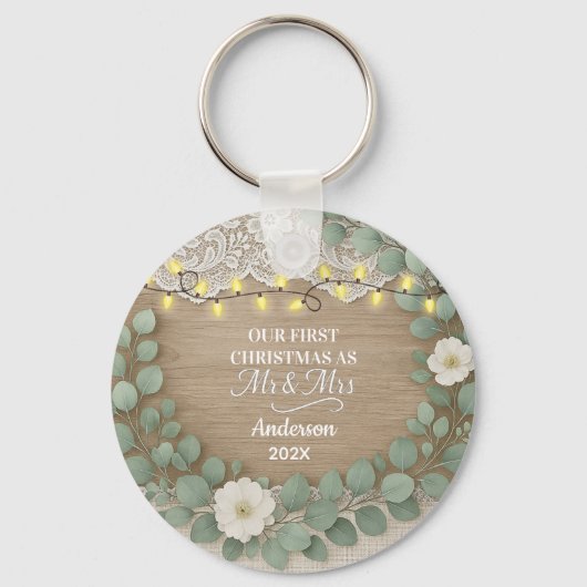 Rustic Wood & Eucalyptus Mr & Mrs Christmas キーホルダー (正面)