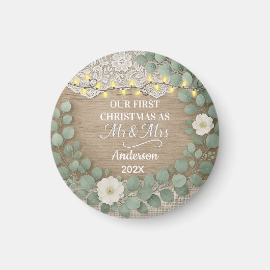 Rustic Wood & Eucalyptus Mr & Mrs Christmas マグネット (正面)