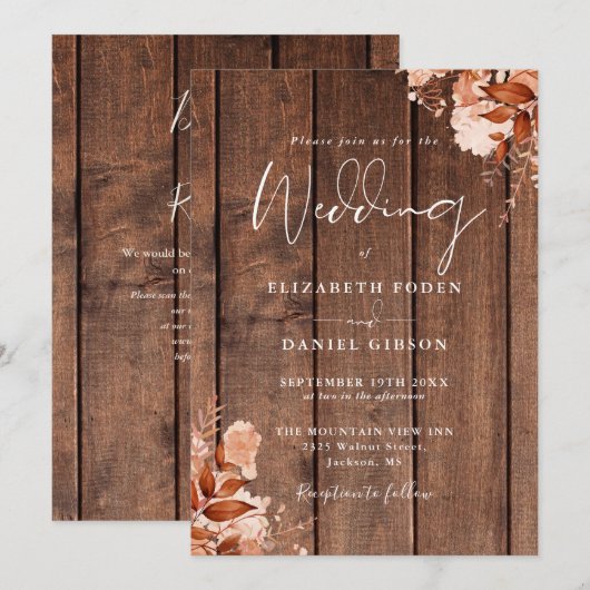 Rustic Wood Fall Floral QR Code Wedding 招待状 (正面/裏面)