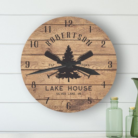 Rustic Wood Family Lake House Pine Tree ラウンド壁時計