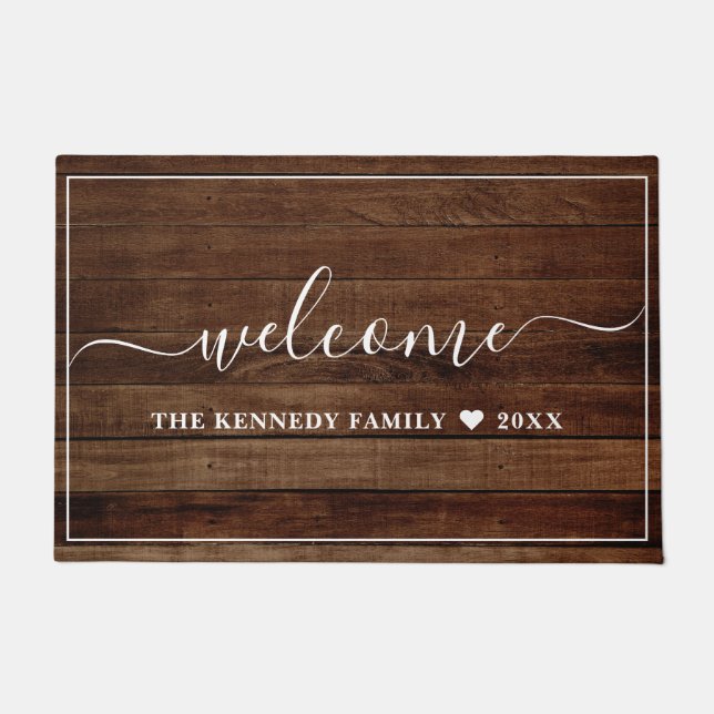 Rustic Wood Family Name Personalized  Welcome ドアマット (正面)