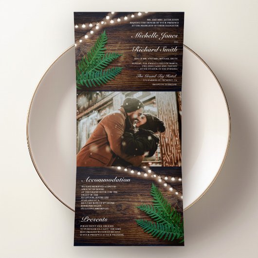 Rustic Wood Fern Greenery String Lights 結婚式 三つ折り招待状