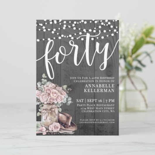 Rustic Wood Floral 40th Birthday 招待状 (スタンド正面)