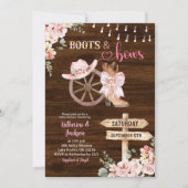 Rustic Wood Floral Boots and Bows Baby Shower 招待状 (正面)