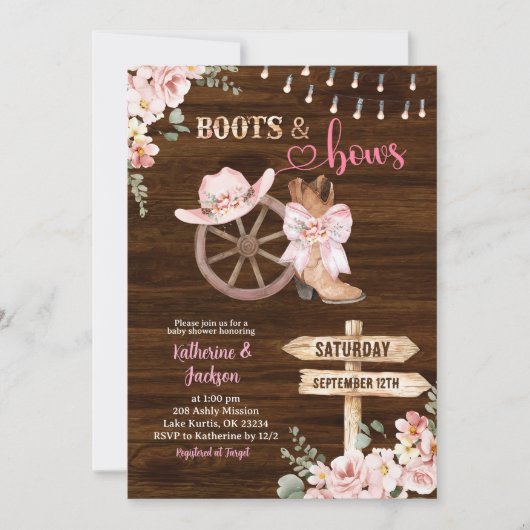 Rustic Wood Floral Boots and Bows Baby Shower 招待状 (正面)