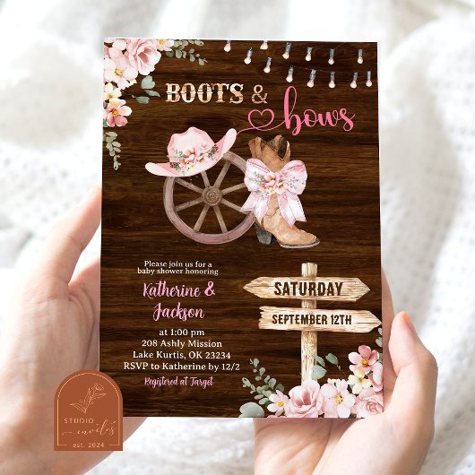 Rustic Wood Floral Boots and Bows Baby Shower 招待状