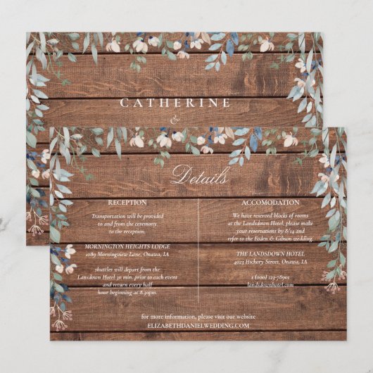 Rustic Wood Floral Cascade Wedding Details Card 招待状 (正面/裏面)