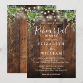 Rustic Wood Floral Lights Wedding Rehearsal Dinner 招待状 (正面/裏面)