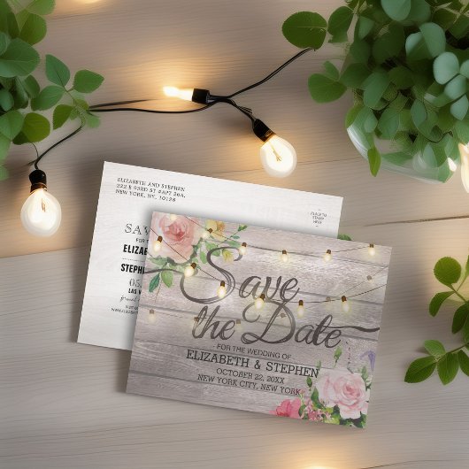 Rustic Wood Floral String Lights Wedding Save Date 案内ポストカード