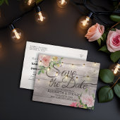 Rustic Wood Floral String Lights Wedding Save Date 案内ポストカード