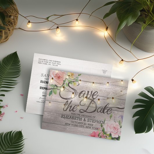 Rustic Wood Floral String Lights Wedding Save Date 案内ポストカード