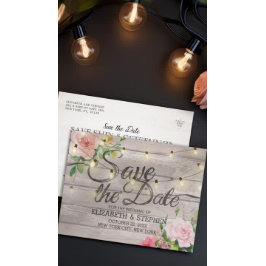 Rustic Wood Floral String Lights Wedding Save Date 案内ポストカード