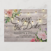 Rustic Wood Floral String Lights Wedding Save Date 案内ポストカード (正面)