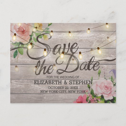 Rustic Wood Floral String Lights Wedding Save Date 案内ポストカード (正面)