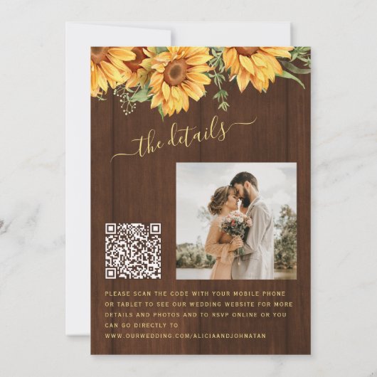 Rustic wood floral sunflower garden barn wedding 招待状 (裏面)