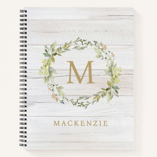 Rustic Wood Floral Watercolor Monogram ノートブック (正面)