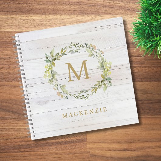 Rustic Wood Floral Watercolor Monogram ノートブック