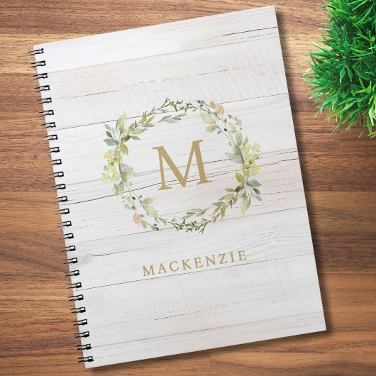 Rustic Wood Floral Watercolor Monogram ノートブック