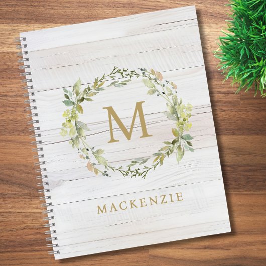 Rustic Wood Floral Watercolor Monogram ノートブック