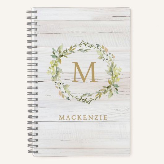 Rustic Wood Floral Watercolor Monogram ノートブック (正面)