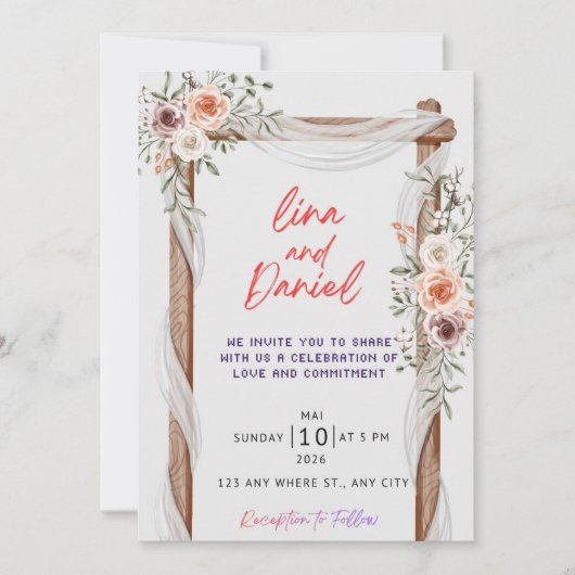 Rustic Wood & Floral Wedding Invitation - Boho Bot 招待状 (正面)