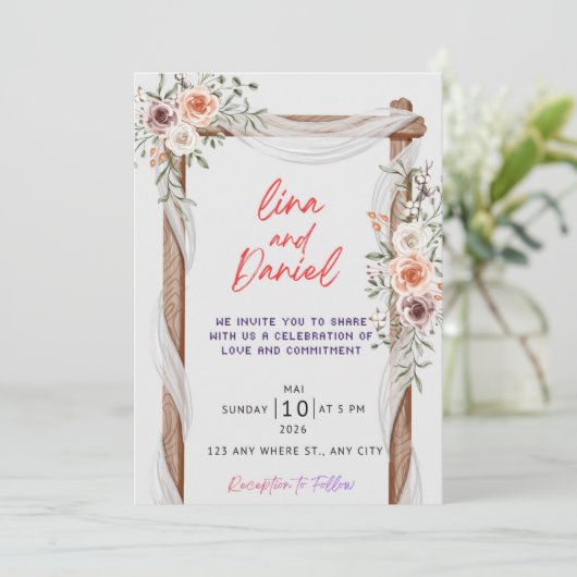Rustic Wood & Floral Wedding Invitation - Boho Bot 招待状 (スタンド正面)