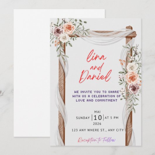 Rustic Wood & Floral Wedding Invitation - Boho Bot 招待状 (正面/裏面)