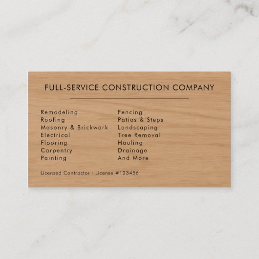 Rustic Wood General Contractor 名刺 (裏面)