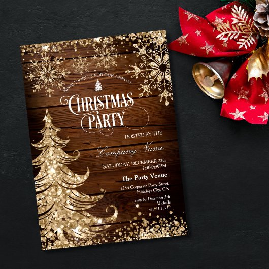 Rustic Wood Gold Glitter Corporate Christmas Party 招待状