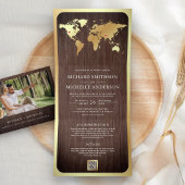 Rustic Wood Gold World Map QR Code Photo Wedding 三つ折り招待状