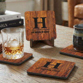 Rustic Wood Grain Monogram Custom Family Name コースター