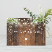 Rustic Wood Greenery String Lights Wedding Photo サンキューカード (スタンド正面)