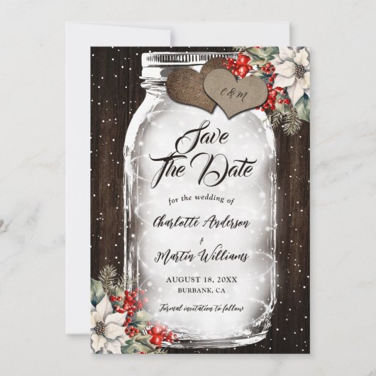 Rustic Wood Holly Berries Mason Jar Winter Wedding セーブザデート (正面)