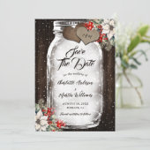 Rustic Wood Holly Berries Mason Jar Winter Wedding セーブザデート (スタンド正面)