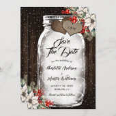Rustic Wood Holly Berries Mason Jar Winter Wedding セーブザデート (正面/裏面)