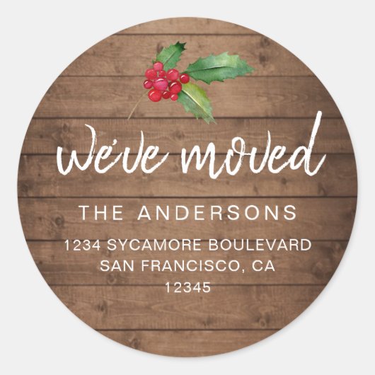 Rustic Wood Holly We’ve Moved Holiday ラウンドシール (正面)