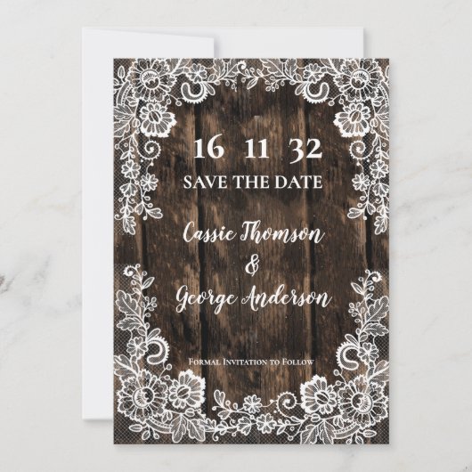 Rustic Wood Lace Country Wedding Save the Date (正面)