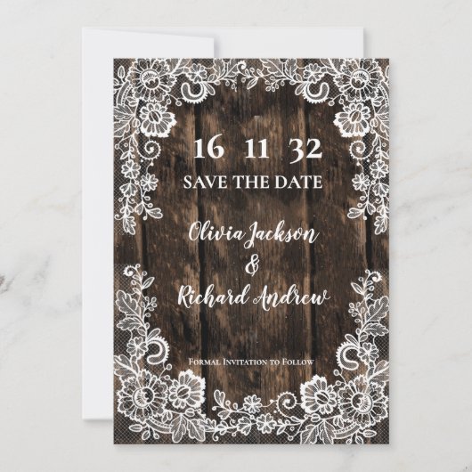 Rustic Wood Lace Country Wedding Save the Date (正面)